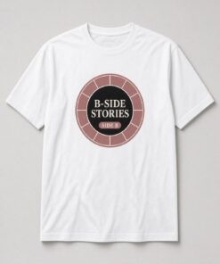 B-Side Stories Vinyl Record Unisex T-Shirt in white with dusty-rose vinyl record label badge