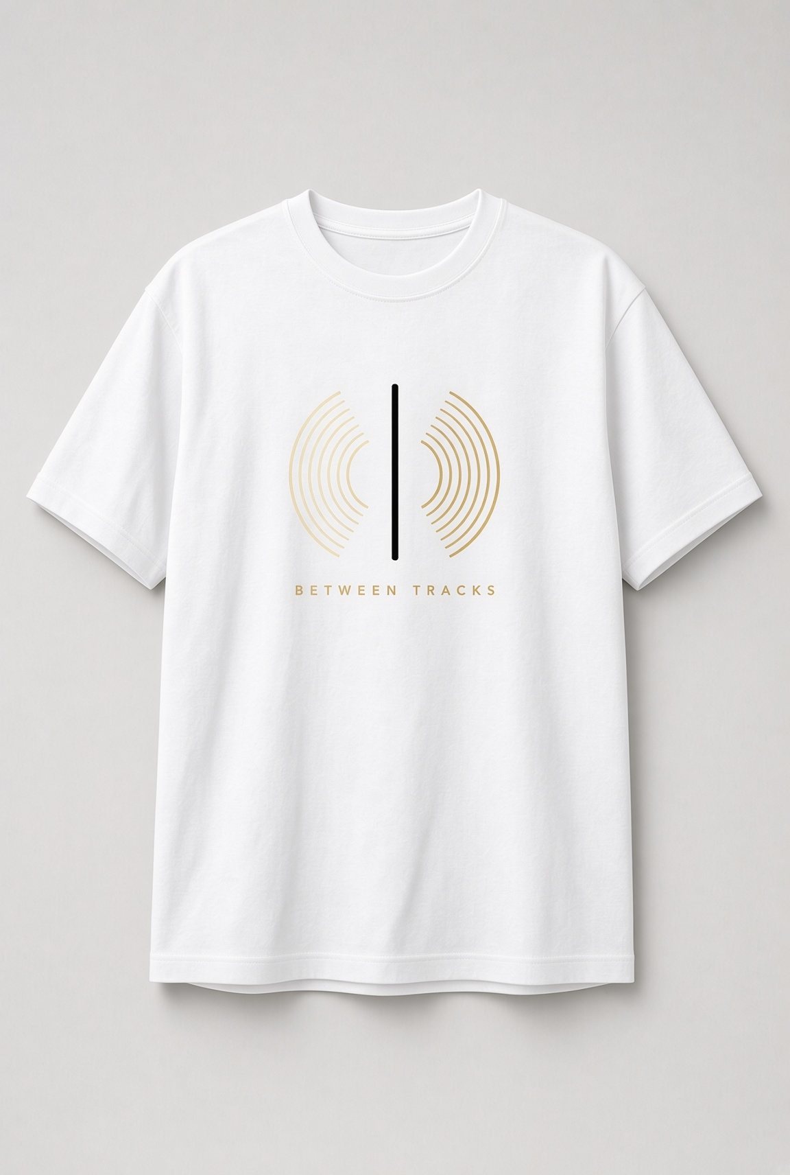 Between Tracks Vinyl Groove Unisex T-Shirt in white with cream-to-gold vinyl groove lines