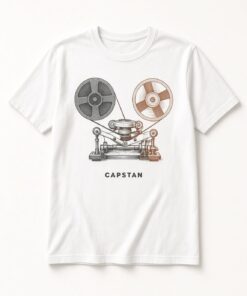 Capstan Reel-to-Reel Tape Unisex T-Shirt in white with vintage reel-to-reel tape machine illustration