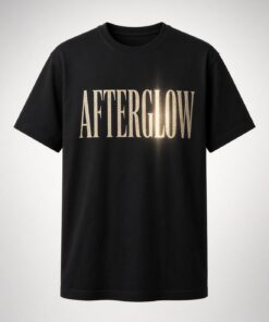 Popscene House Afterglow Gold Lettering Unisex T-Shirt in black with tall gold AFTERGLOW serif lettering with a light-flare effect