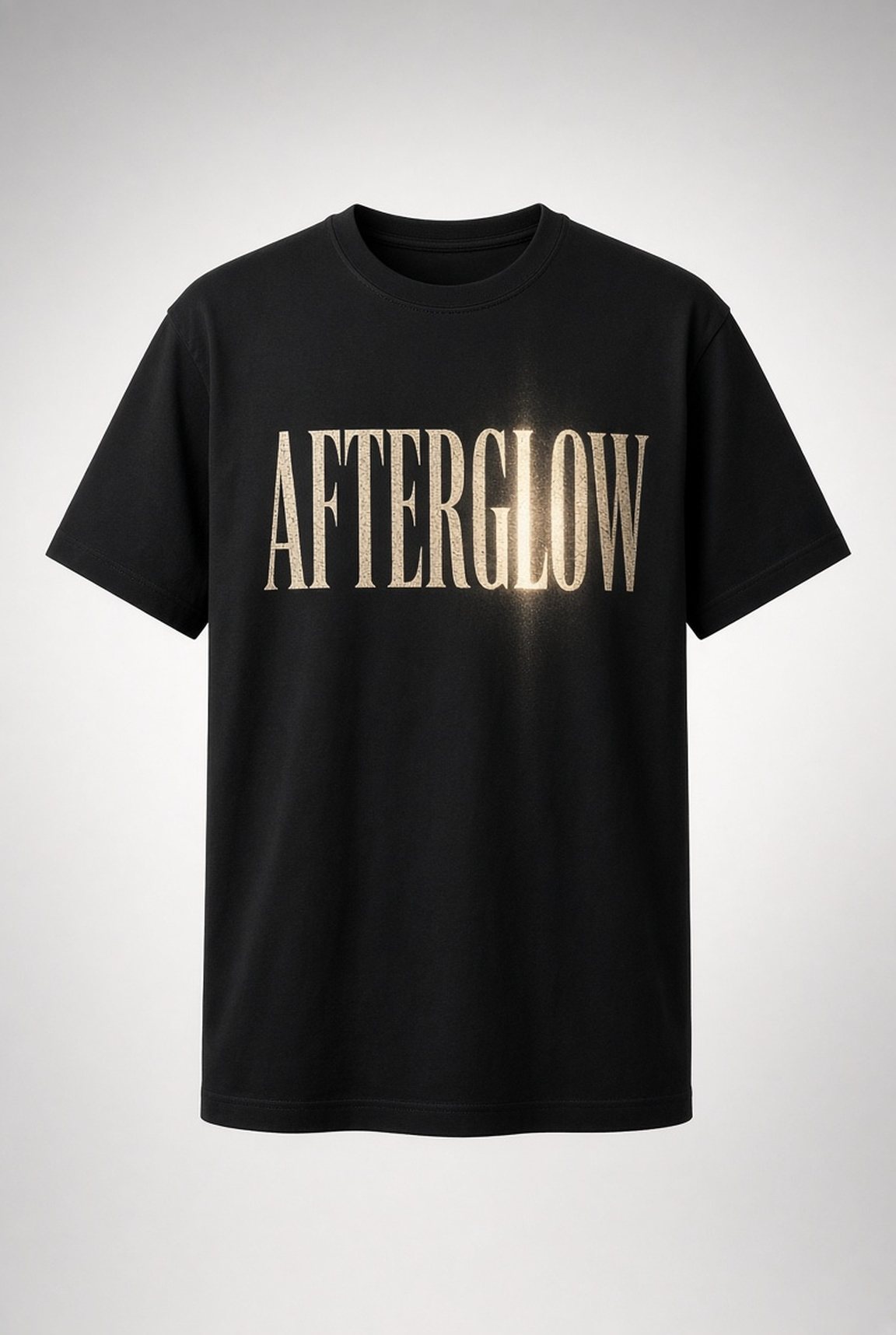 Afterglow Gold Lettering Unisex T-Shirt in black with tall gold glowing serif lettering