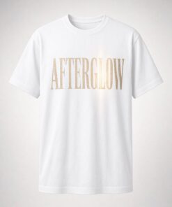 Popscene House Afterglow Gold Lettering Unisex T-Shirt in white with tall gold AFTERGLOW serif lettering with a light-flare effect