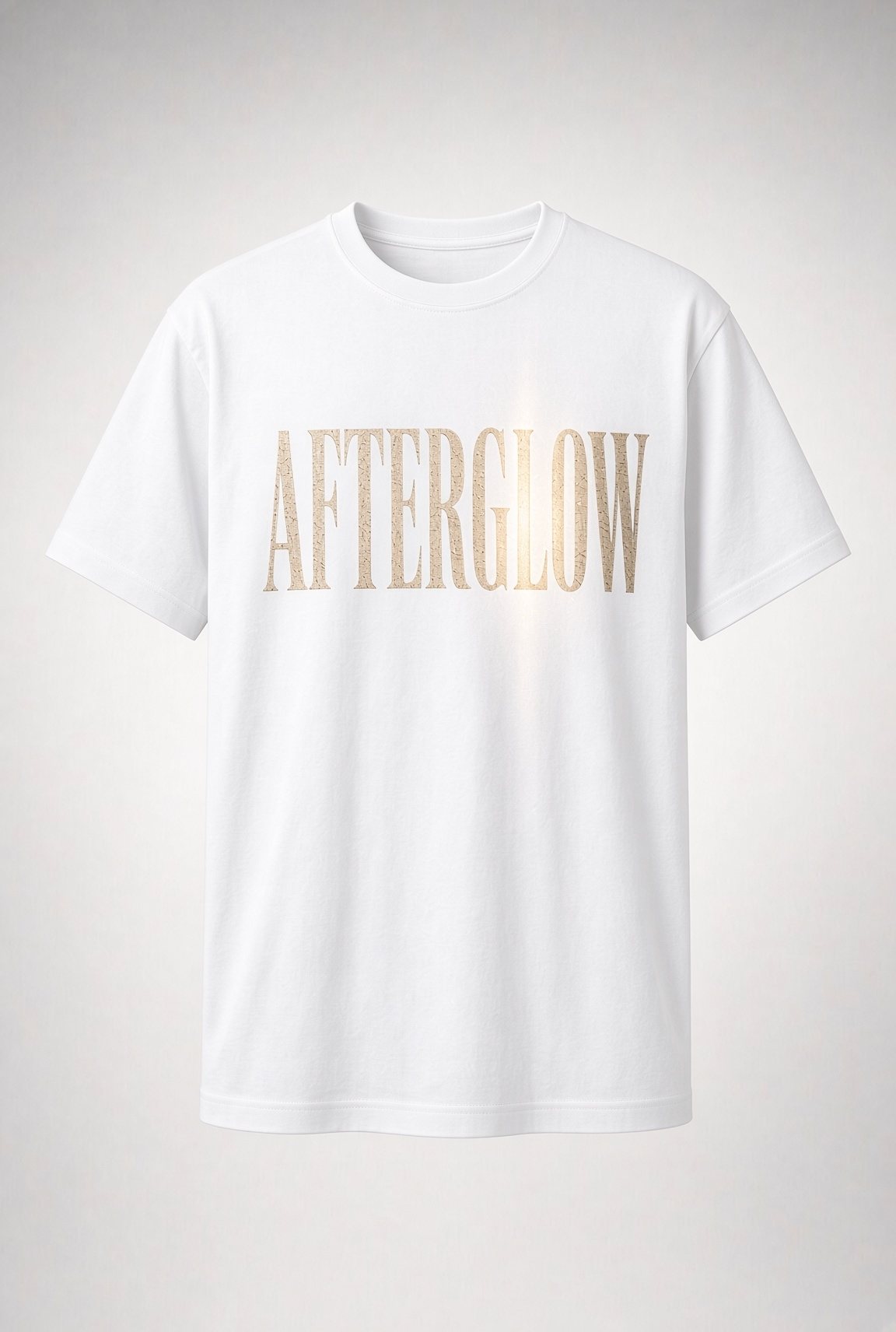 Afterglow Gold Lettering Unisex T-Shirt in white with tall gold glowing serif lettering
