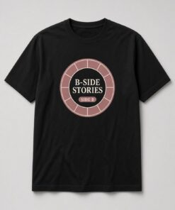 Popscene House B-Side Stories Vinyl Record Unisex T-Shirt in black with dusty-rose vinyl record label badge reading B-SIDE STORIES SIDE B