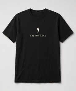 Popscene House Breath Mark Minimalist Music Unisex T-Shirt in black with minimalist music breath mark symbol with BREATH MARK text