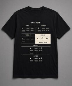 Popscene House Bridge Only Song Structure Unisex T-Shirt in black with song form chart with verse, chorus, bridge and outro sections and the bridge highlighted as BRIDGE ONLY