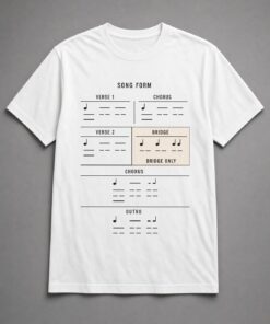 Popscene House Bridge Only Song Structure Unisex T-Shirt in white with song form chart with verse, chorus, bridge and outro sections and the bridge highlighted as BRIDGE ONLY