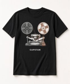 Capstan Reel-to-Reel Tape Unisex T-Shirt in black with vintage reel-to-reel tape machine illustration